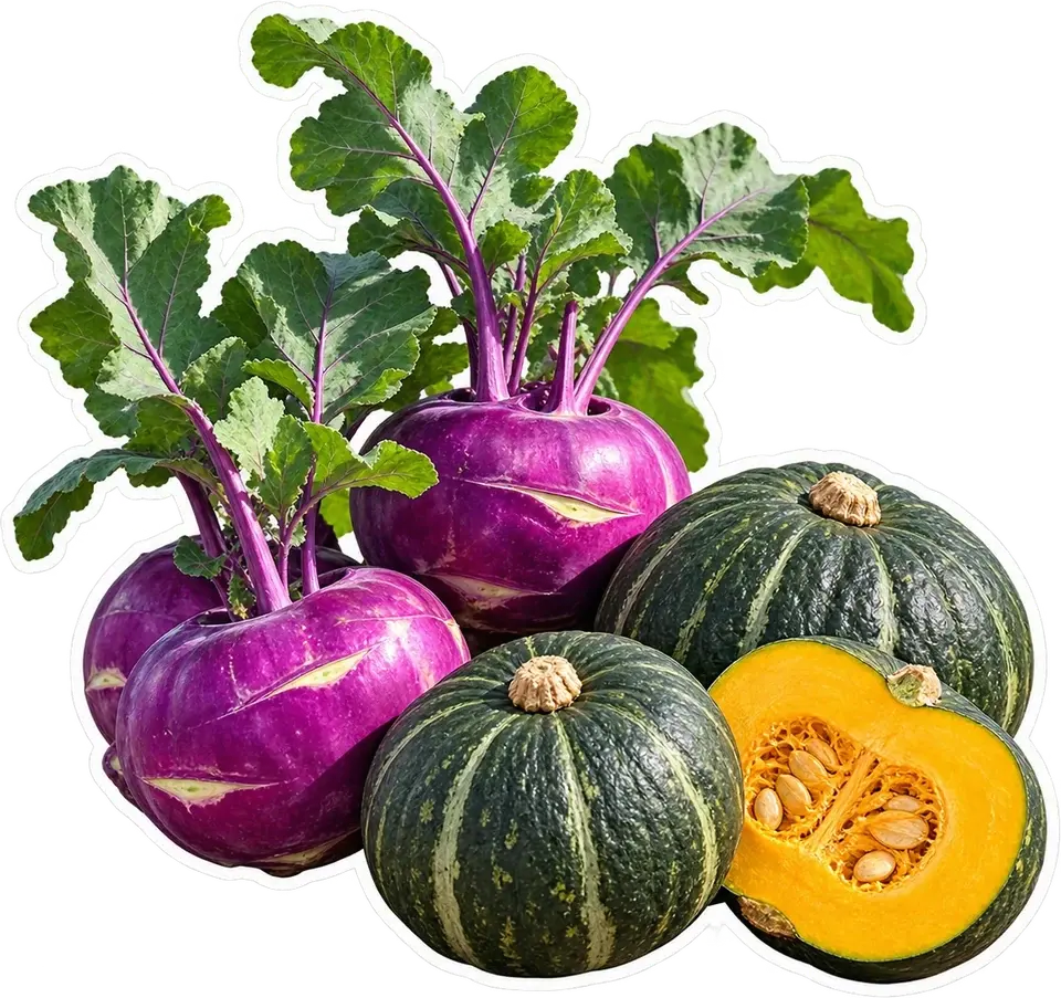 보라색 콜라비와 단면이 보이는 미니단호박 일러스트