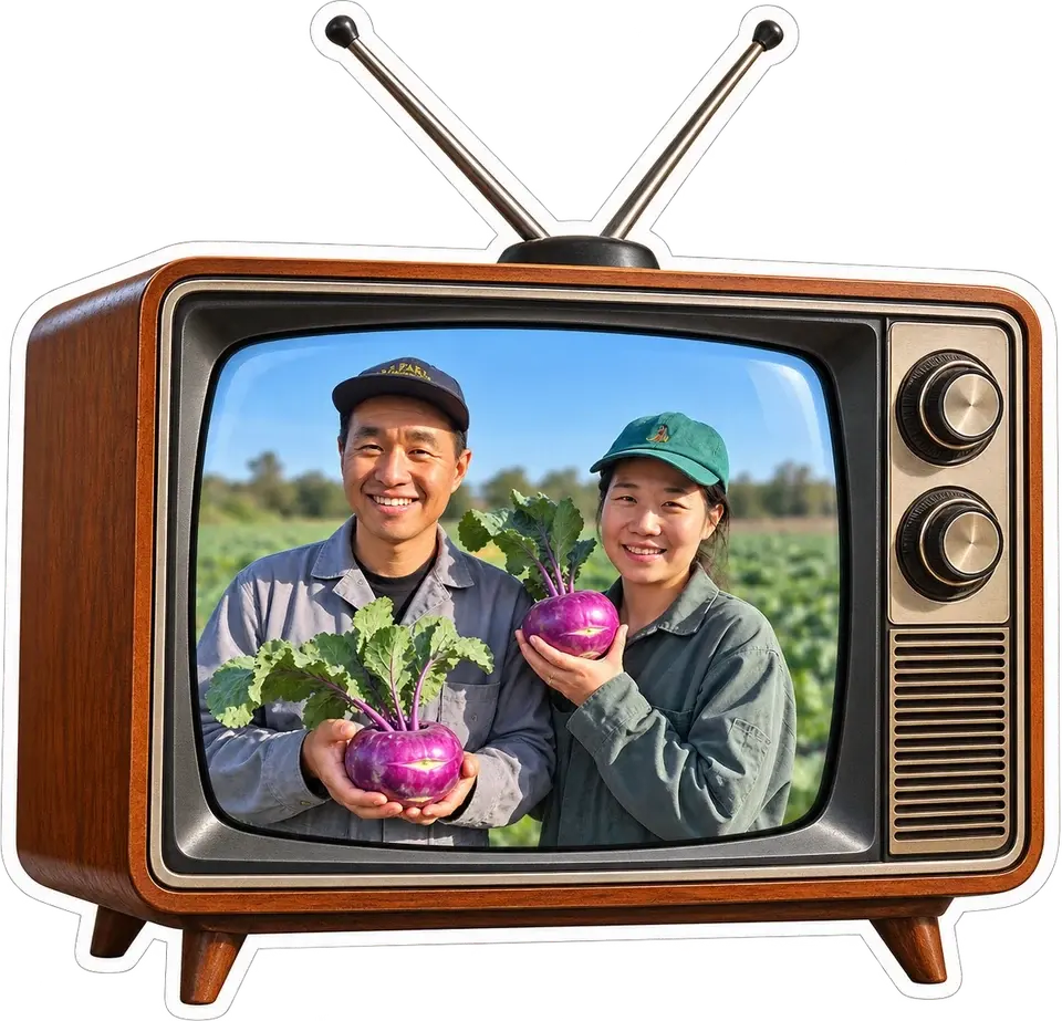 콜라비를 든 두 농부가 나오는 옛날 TV 일러스트
