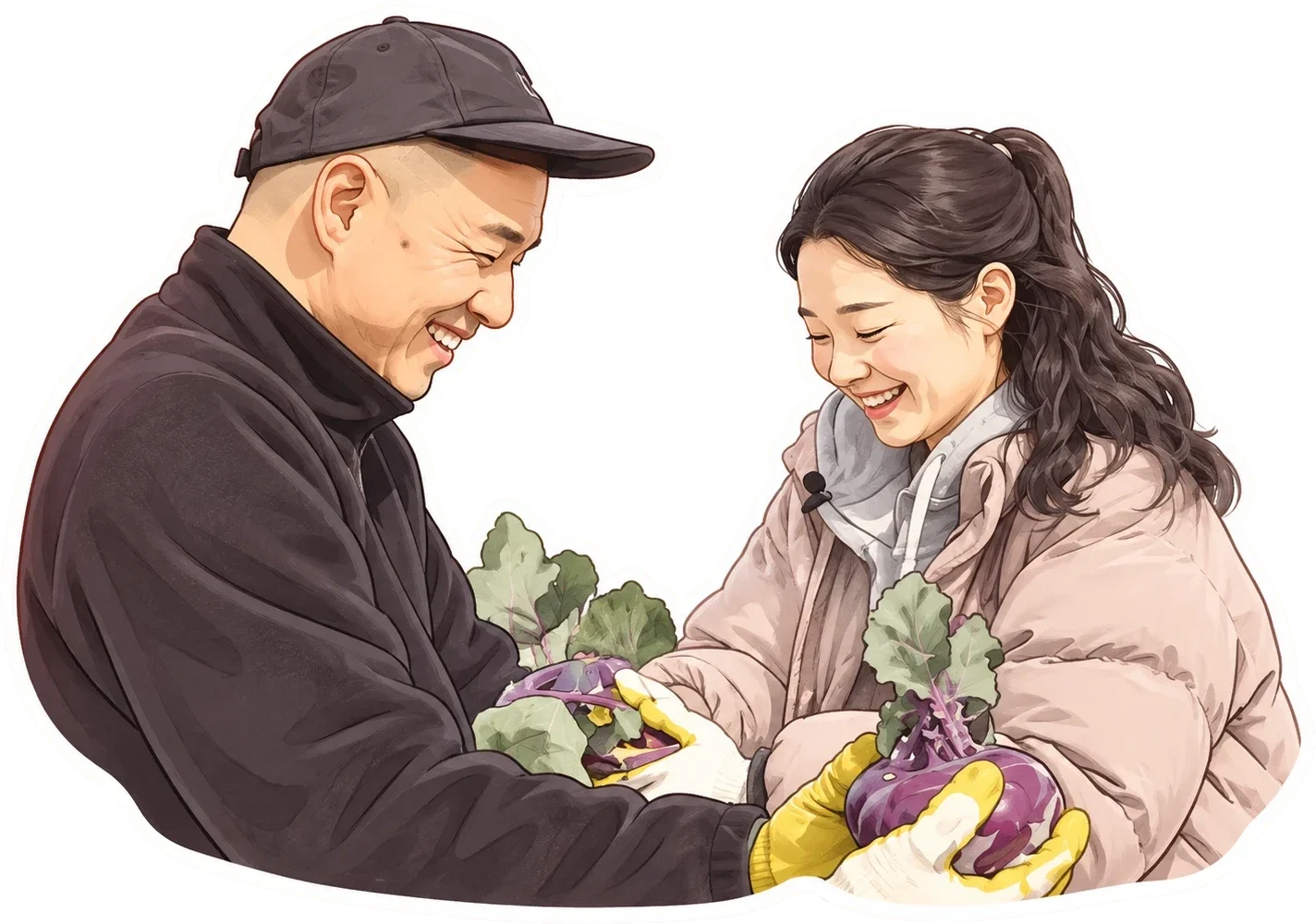 콜라비를 들고 웃는 미에덴팜 부부 일러스트